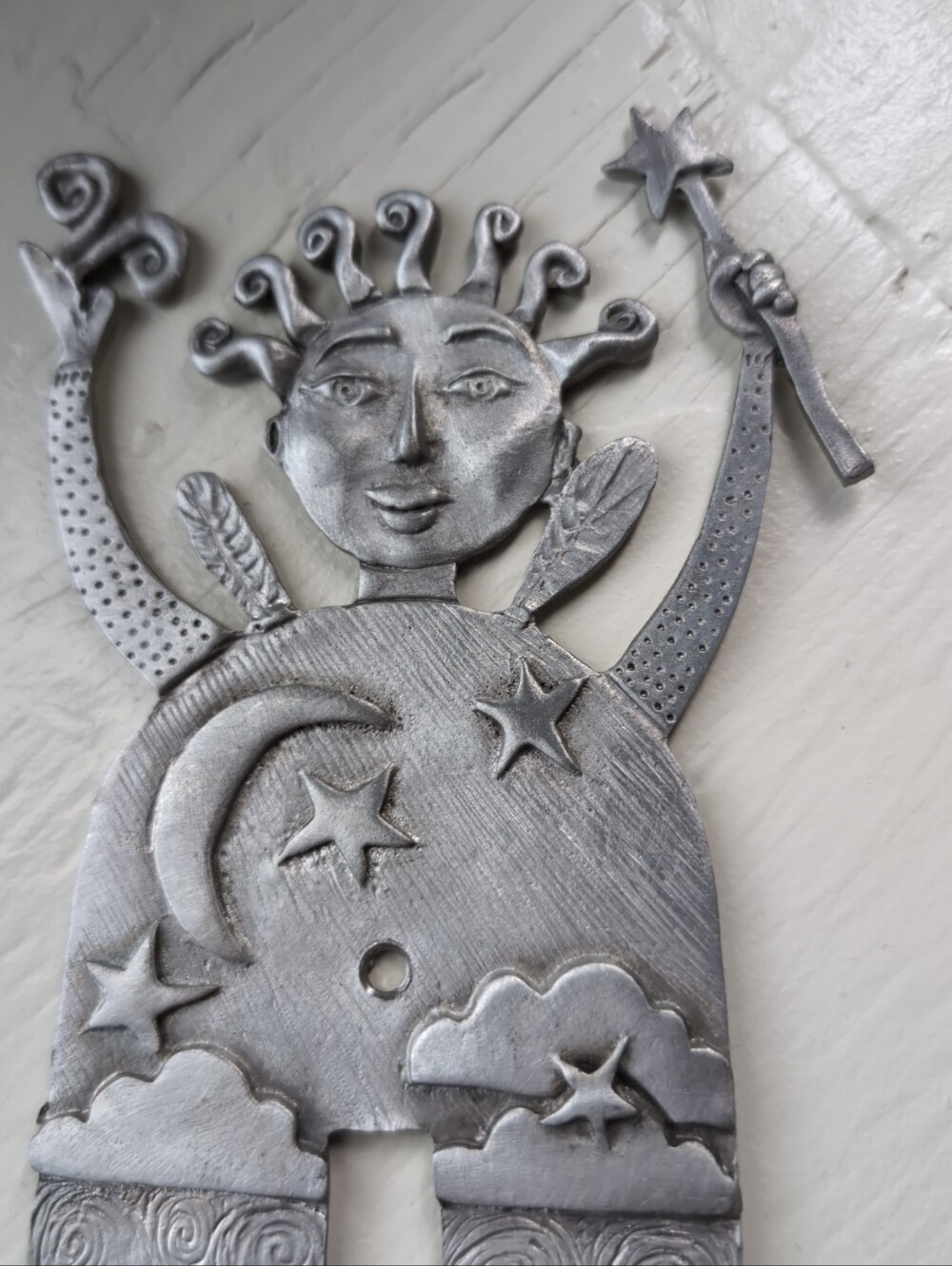 Handmade signed pewter switch plate whimsical celestial witch by Leandra Drumm